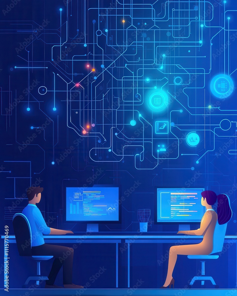 Poster collaborative technology workspace with two professionals analyzing data on modern monitors surround