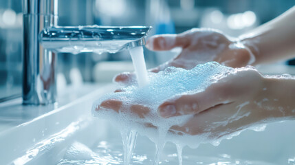 Fototapeta premium Washing hands with soap under faucet, highlighting hygiene and cleanliness. image captures importance of handwashing in daily routines