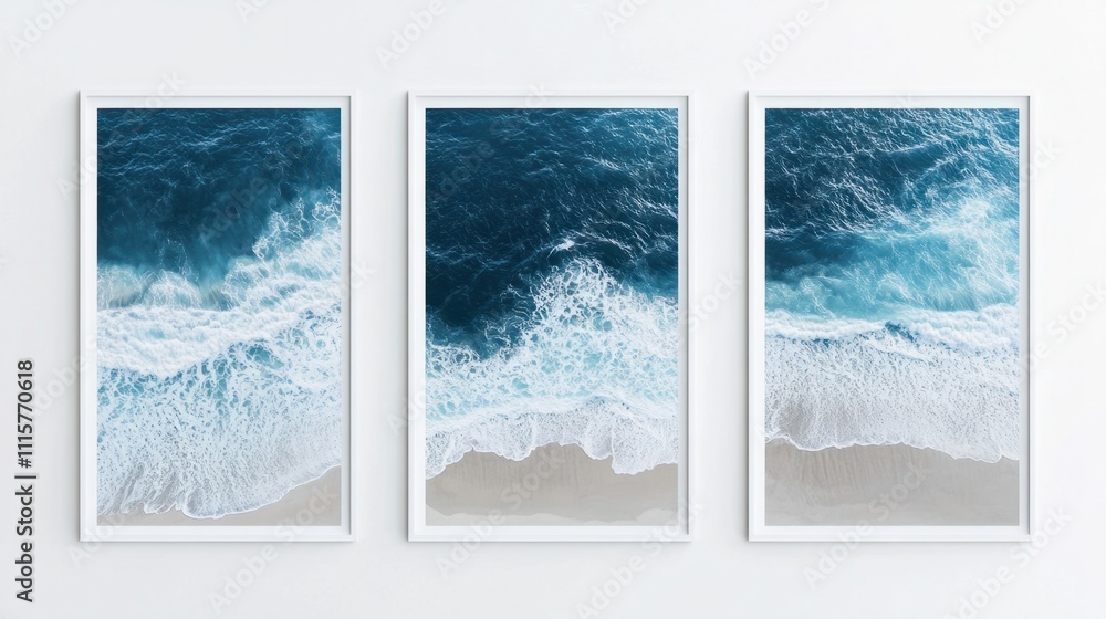Aufkleber a set of three vertical posters with artistic interpretations of ocean waves and beaches in soft blu