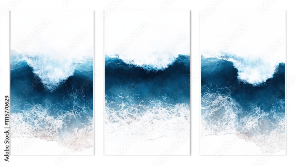 Poster a set of three vertical posters with artistic interpretations of ocean waves and beaches in soft blu