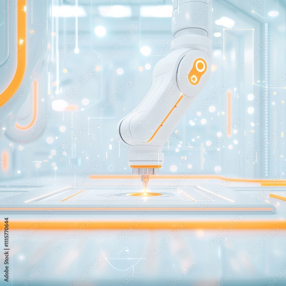Poster futuristic robotic arm interacting with high-tech interface, showcase of advanced technology in auto