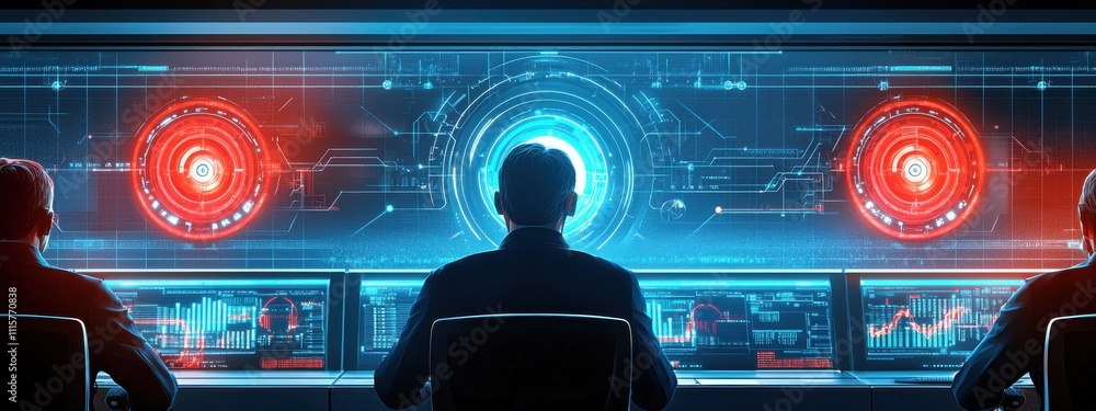 Poster futuristic control room with advanced digital dashboards and operators analyzing data in a high-tech