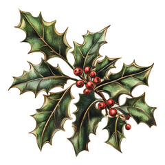 Fototapeta premium Holly plant with red berries and green leaves, cut out - stock png.