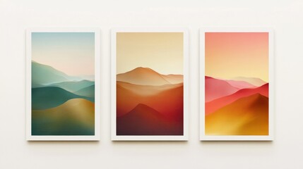 Obraz premium A trio of vertical posters showcasing surreal digital art with dreamy gradients and abstract shapes, perfect for modern interiors, on white