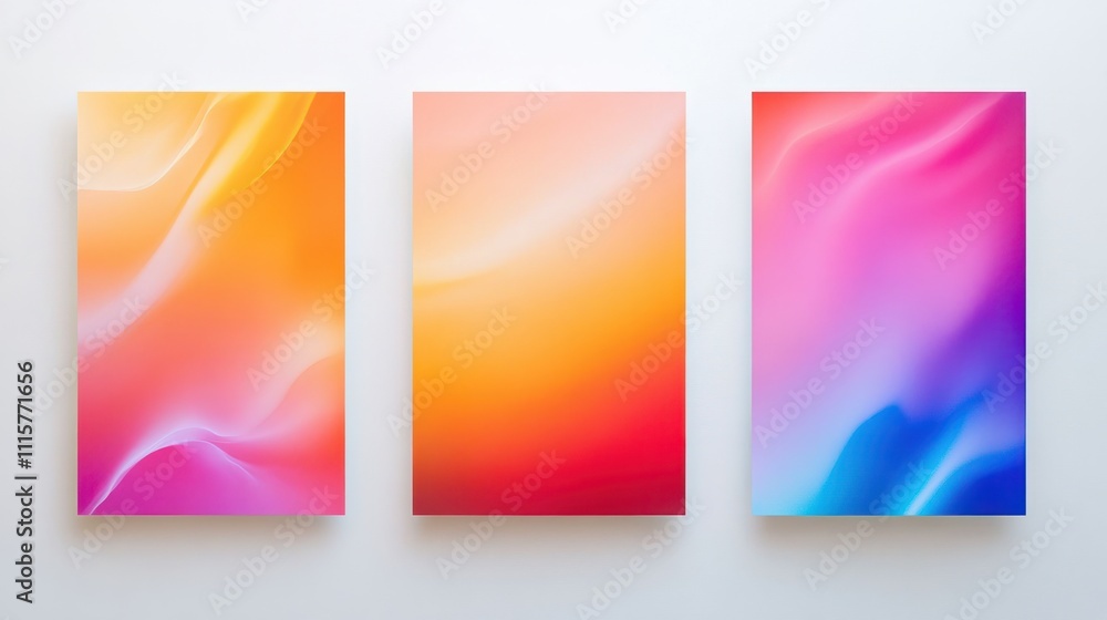 Poster a trio of vertical posters with gradient-themed designs transitioning between bold and soft colors, 
