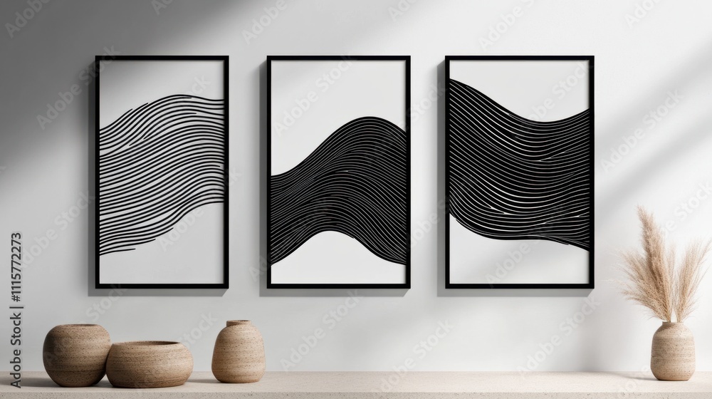 Aufkleber minimalist vertical posters with abstract line patterns in black and white, creating a sophisticated