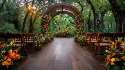 Obraz premium [Eco-friendly gatherings Green events] Romantic Rustic Outdoor Wedding Venue with Floral Arches and Twinkling Lights Set among Lush Greenery