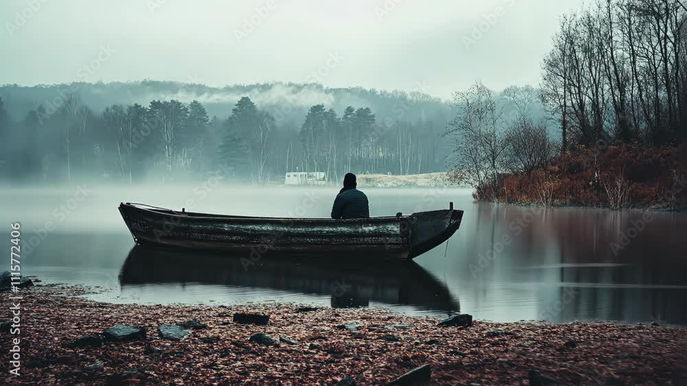 Poster mysterious figures reflect on a still lake at dawn in a serene forest setting with fog and tranquili