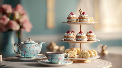 Elegant Afternoon Tea High Resolution 8k Image of pastries tea and scones