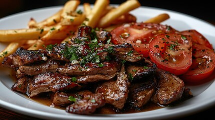 A plate of grilled meat served with fries and sliced tomatoes.