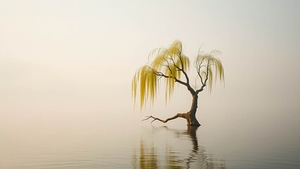 Obraz premium Solitary Weeping Willow Tree in Calm Water at Dawn