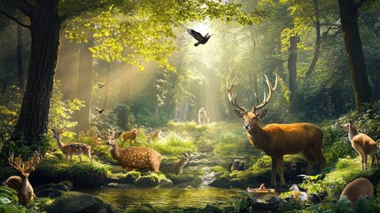 Majestic deer and wildlife in a sun-dappled forest.