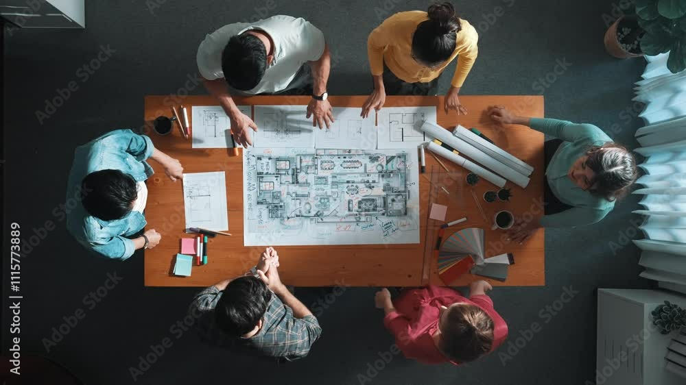 Poster top view of civil engineer team clapping hands while discussing idea at meeting table with color pal