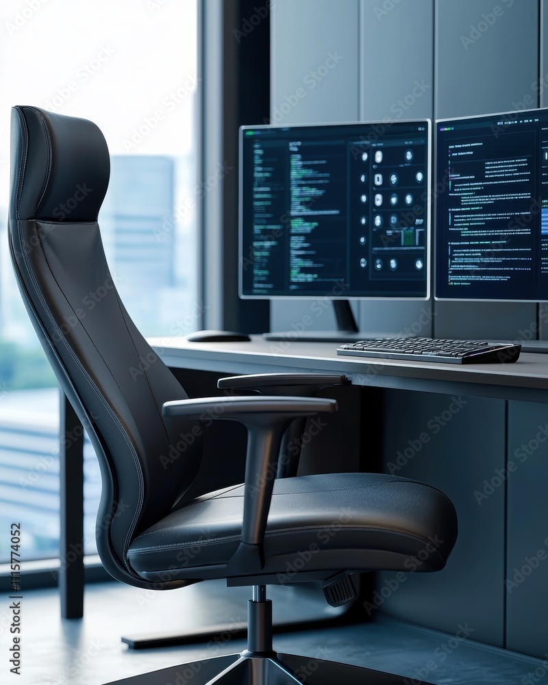 Poster modern workspace featuring a sleek ergonomic chair and dual monitors showcasing data analysis, codin