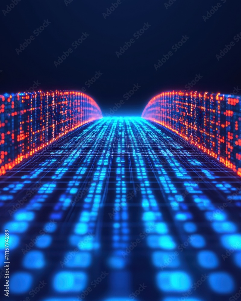 Poster a vibrant digital pathway illuminated by blue and red lights, representing technology and data flow 