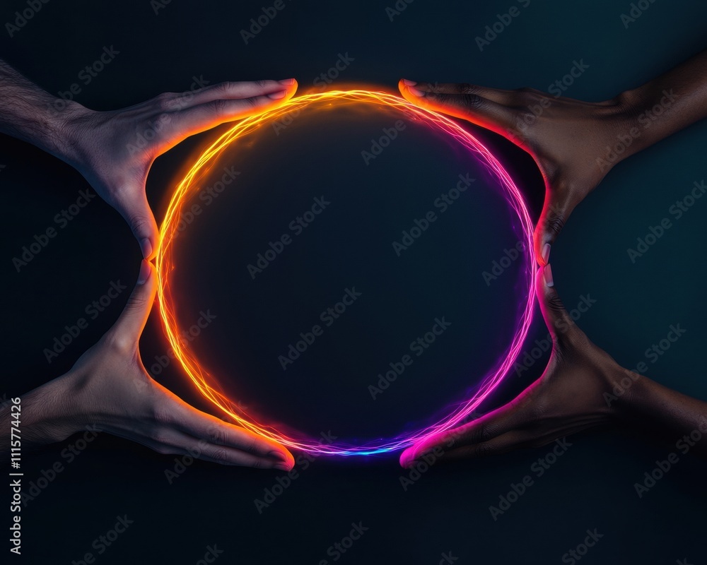 Poster a close-up of two hands holding a glowing, circular light ring against a dark background, creating a