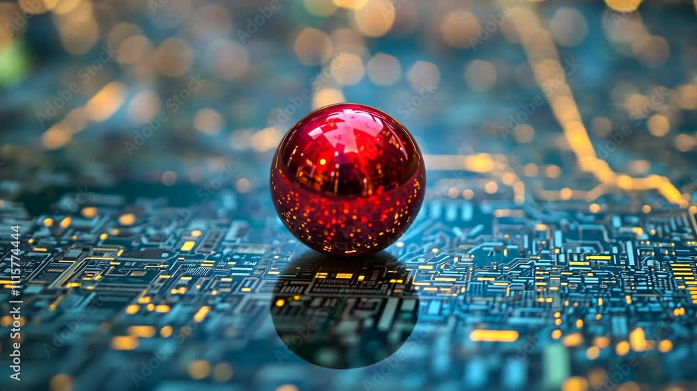 Poster red spherical object on a circuit board with a blurred glowing background