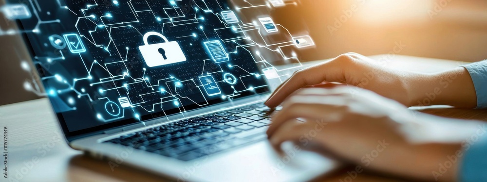 Poster hands typing on a laptop with digital interface showing security symbols and data transfer concepts,