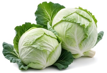 Obraz premium Two heads of fresh cabbage with green leaves, set against a white background