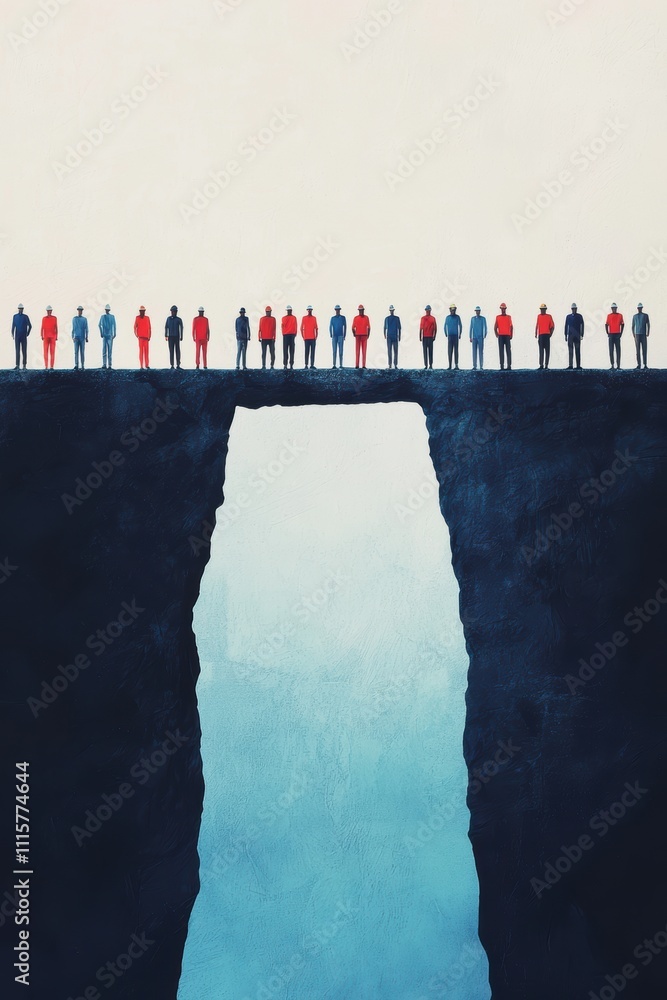 Poster a group of silhouetted figures stands on a ledge overlooking a chasm filled with water, creating a s