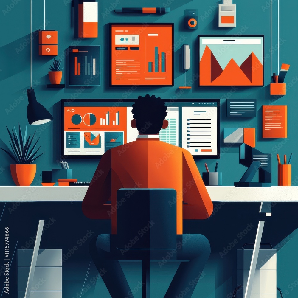 Poster a modern workspace with a focused individual analyzing data trends on multiple screens, showcasing v