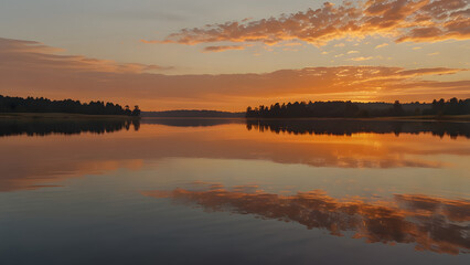Fototapeta premium A peaceful scene of a calm lake at sunset, with the sky reflecting on the water.