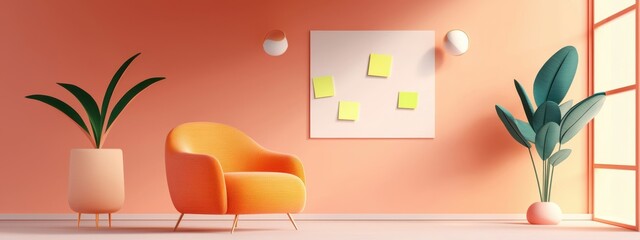 Fototapeta premium Cozy and Modern Living Room Interior with Orange Armchair, Minimalist Decor, and Indoor Plants against a Soft Coral Wall Backdrop