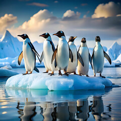 Fototapeta premium penguins float on the ice floe outdoors nature