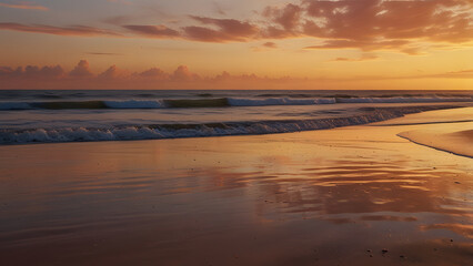 Obraz premium A beautiful golden beach at sunset, with the warm hues of the sky reflected in the water.