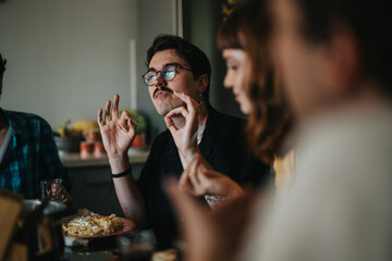 A group of friends gathered around a table, savoring a delicious pasta dish. The atmosphere is...