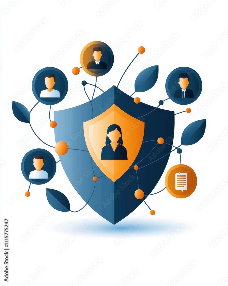 Poster abstract illustration depicting digital security with a central shield, connected user icons, and le