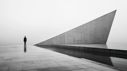Solitary Figure Contemplates Modern Concrete Structure