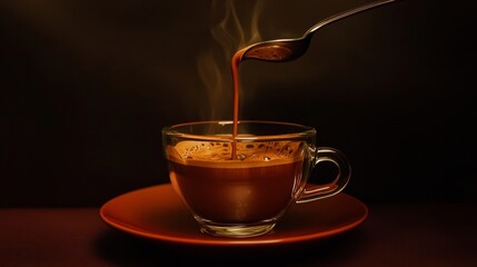Warm Beverage in Glass Cup with Steam and Spoon