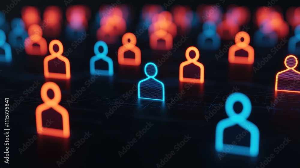 Poster a visually striking array of illuminated human figures in blue and orange hues, symbolizing connecti