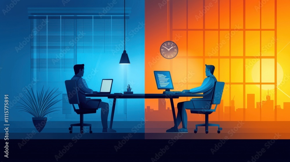 Poster a split scene of productivity: day and night work environments showcasing balance between focus and 