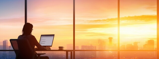 Fototapeta premium Young Businesswoman Sitting by Window at Sunset with Laptop and Coffee, Working on Project in Modern Office with City Skyline View