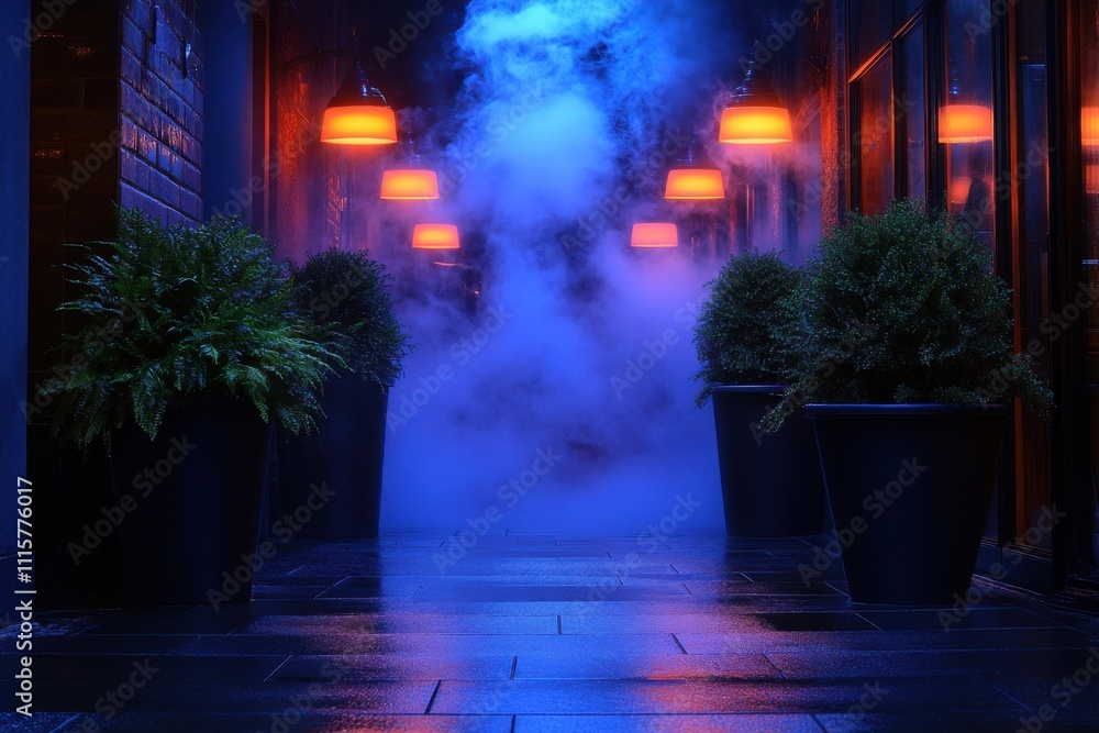 Poster atmospheric alleyway with fog and illuminated lanterns, creating a mystical and enigmatic nighttime 