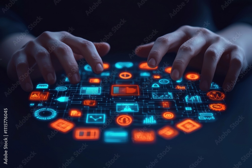 Poster a pair of hands interacts with glowing digital icons in a circular layout, symbolizing technology, c