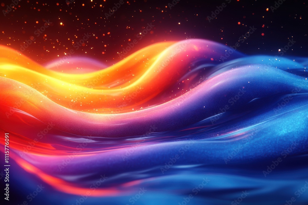 Poster abstract waves in vibrant colors with shimmering particles, creating a stunning background perfect f