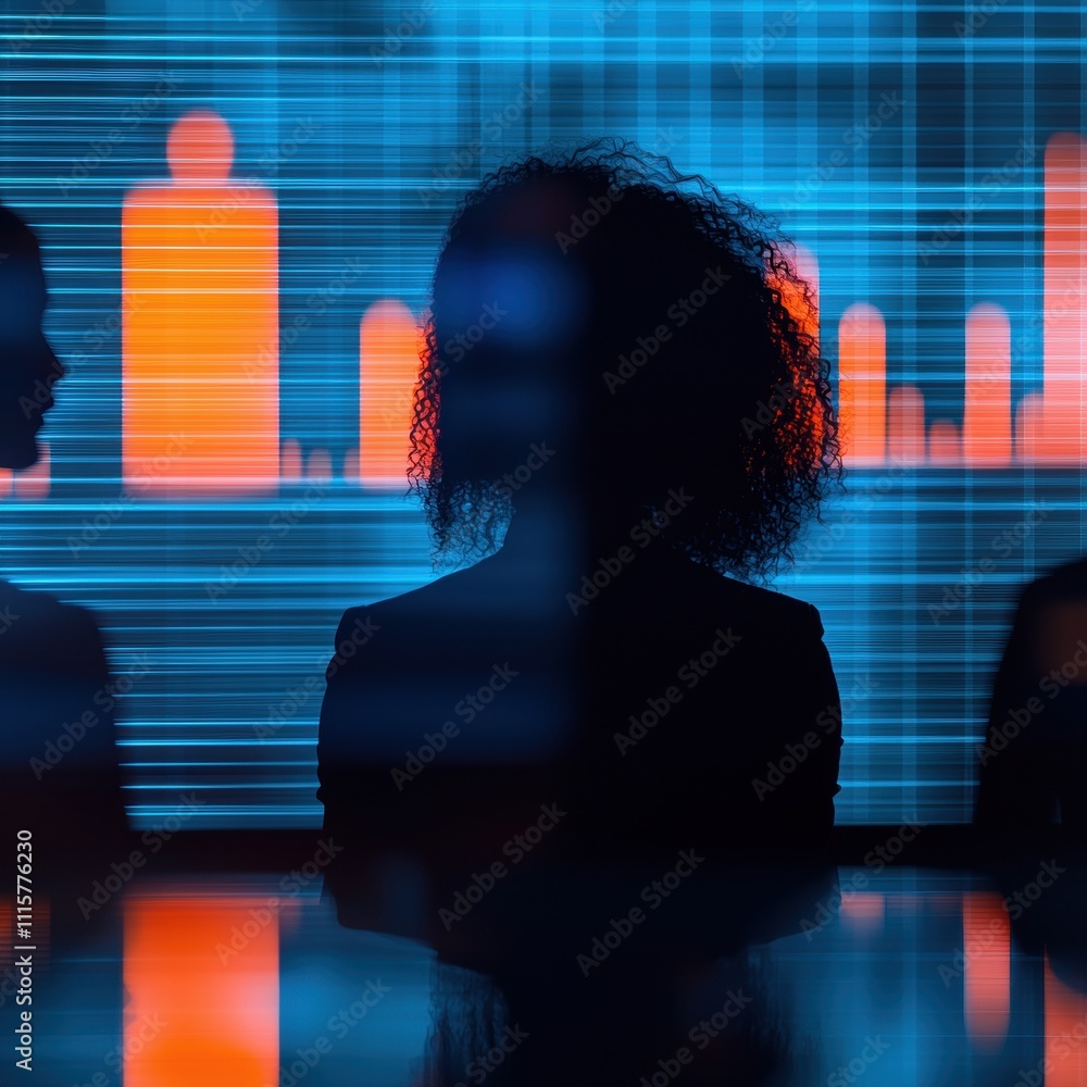 Poster silhouettes of three individuals against a vibrant, data-driven backdrop showcasing bar graphs and d