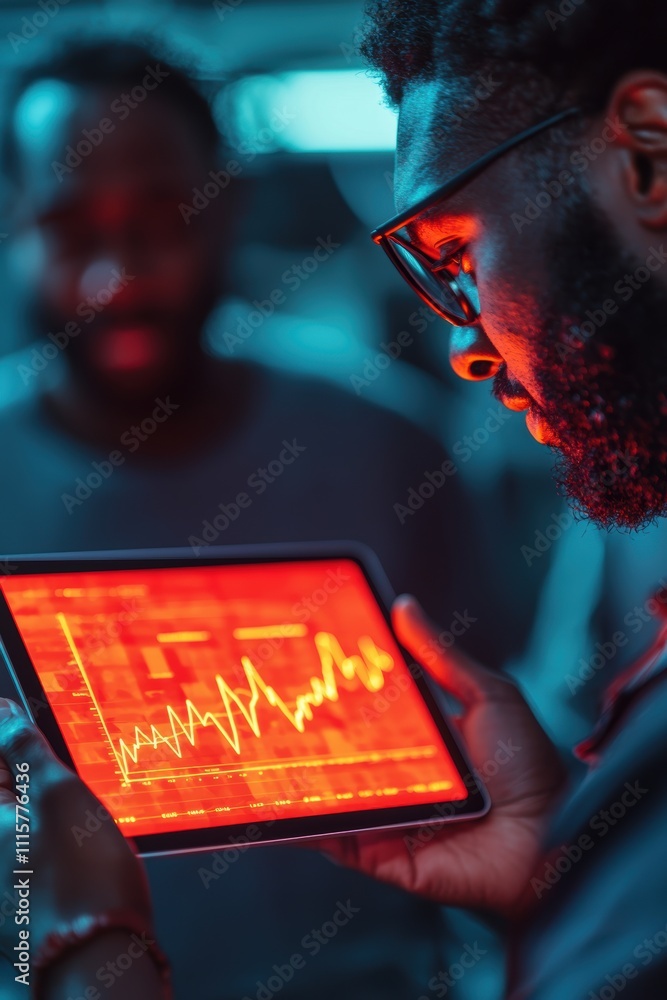 Poster a focused individual examines a vibrant data display on a tablet, highlighting technological trends 