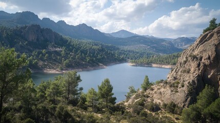 Fototapeta premium Serene Mountain Lake Oasis, discover a pristine alpine lake embraced by towering pines and rugged cliffs, perfect for eco-tourism and outdoor adventures in untouched nature.