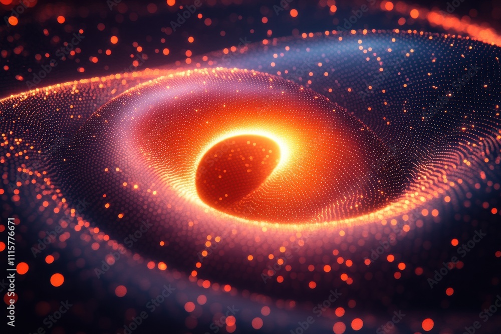 Poster abstract visualization of a swirling vortex of glowing particles and lights in a cosmic style, repre