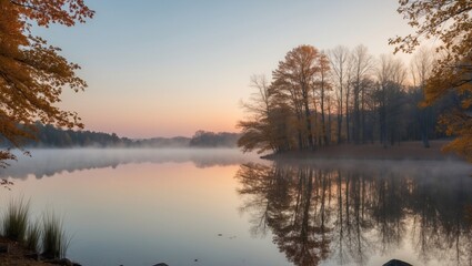 Obraz premium Serene Autumn Landscape by a Tranquil Lake at Sunset.