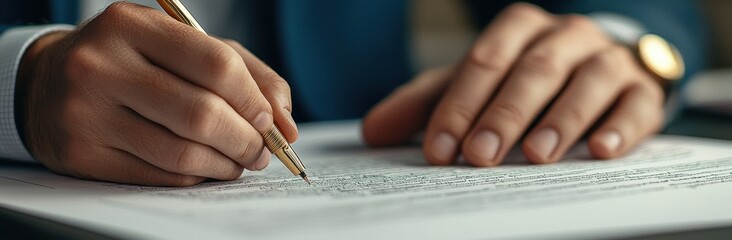 Naklejka premium Close-up of a Business Professional's Hand Writing on a Document with a Pen, Emphasizing Attention to Detail and Professionalism in a Corporate Setting