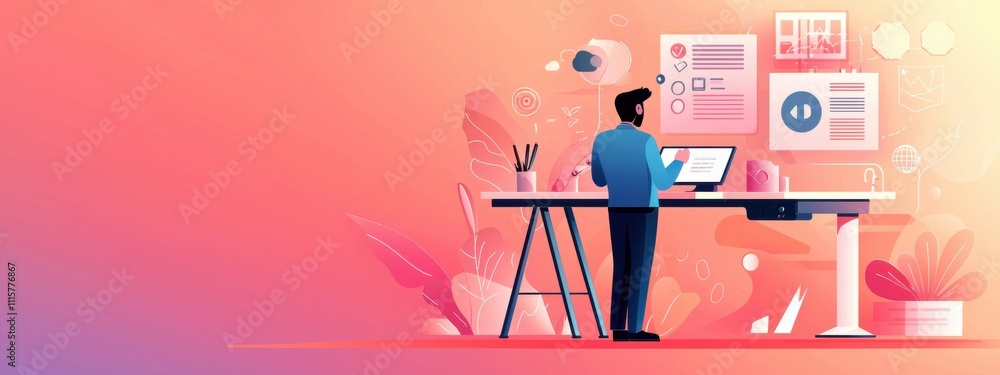 Poster professional man working at modern desk with digital display and creative workspace illustrating inn