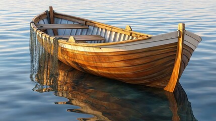 Obraz premium A wooden boat floating on calm water, reflecting its structure in the serene environment.