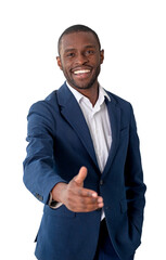 Professional man in a blue suit extending a handshake, smiling warmly, isolated on a white...