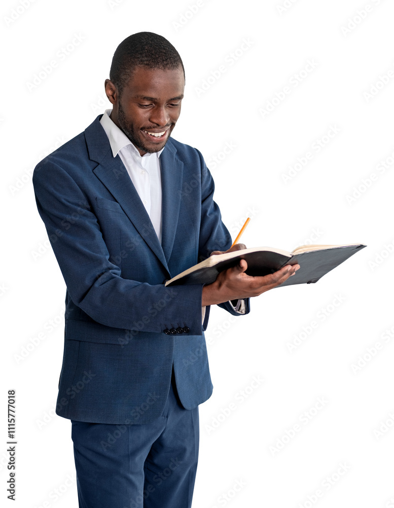 Aufkleber man smiling in a suit holding and writing in a notebook with a pencil. isolated on a white backgroun