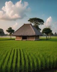 Obraz premium Beautiful hut in the middle of a rice field.
